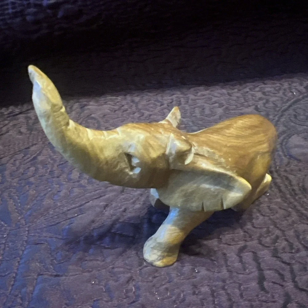 Vintage 5x2x3 Elephant Sitting Hand-Carved Wood Wooden Figurine Trunk Trumpeting